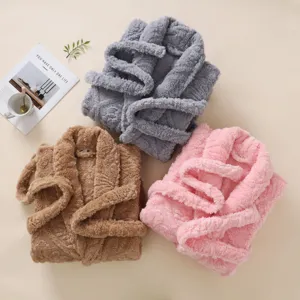 Plush flannel bathrobe for autumn and winter, cozy thick coral fleece couple sleepwear set.
