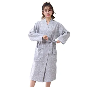 Pure cotton gauze bathrobe for women, grey winter snowman print loungewear sleepwear robe.