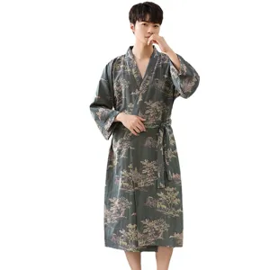 Men's cotton gauze bathrobe breathable lightweight sleepwear loungewear kimono robe