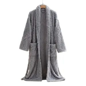 Grey fleece bathrobe for men and women, thick long coral velvet sleepwear loungewear.