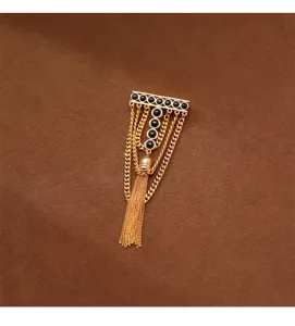 Vintage geometric T-shaped tassel brooch with black beads and gold-tone chains for women blazer.