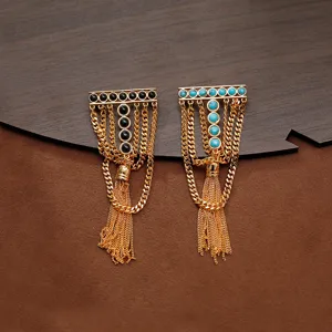 Vintage T-Shape Long Tassel Brooch Synthetic Turquoise Black Agate Men Women Gold Plated Copper Geometric Accessories