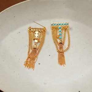 Vintage turquoise tassel brooch, gold plated geometric T-shaped design suit accessory.