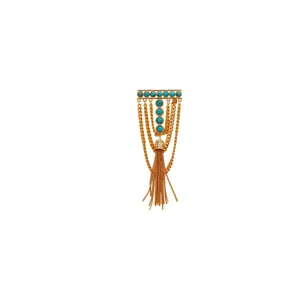 Gold-tone geometric T-shape turquoise tassel brooch vintage suit coat accessories elegant jewelry