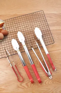 Stainless steel food tongs with heat-resistant red handle kitchen barbecue cooking tool.