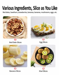 Detailed view of kitchen food slicer suitable for cutting red dates, bananas, and eggs evenly.