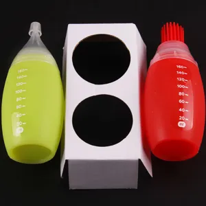 Silicone basting oil bottle set with scale measurements, 2 pieces bbq brush and squeeze dispenser.