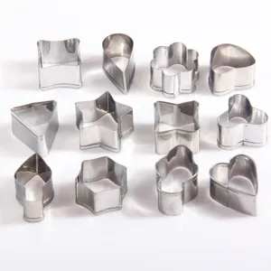 Stainless steel cookie cutters set, various shapes for baking biscuits, durable metal molds.