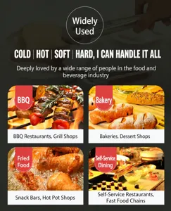 Detailed view showing application scenarios of stainless steel food tongs for barbecue and bread.