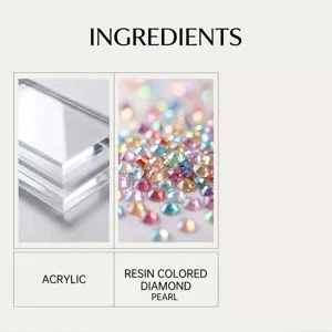 Detail view of transparent acrylic sheet and colorful resin diamond pearl materials for crafts.