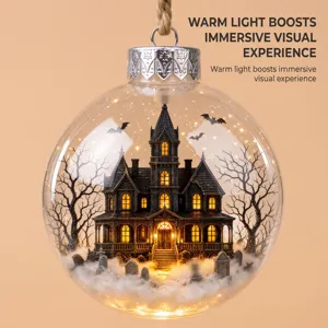 Exquisite transparent ball ornament with miniature haunted house and LED warm lights.