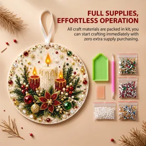 Round diamond painting hanging ornament kit with Christmas candle design and full craft tools.