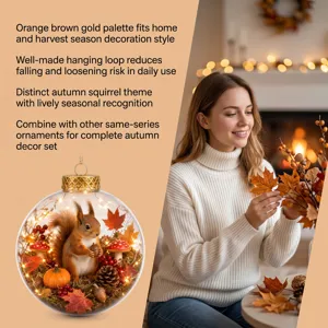 Detailed close-up of clear glass bauble ornament featuring autumn squirrel diorama and lights.