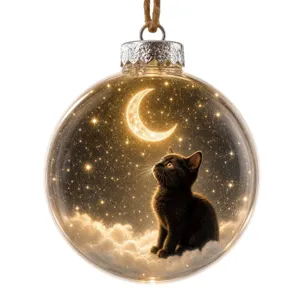 Transparent Christmas bauble ornament featuring cute black cat and moon glowing night design.