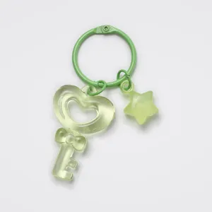 Green transparent heart key keychain with jelly star charm, cute girlish DIY bag accessory.