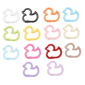 Colorful duck shaped spring snap hooks, metal alloy keychain clips, DIY jewelry making rings.