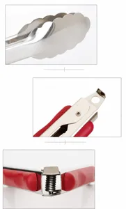 Stainless steel food tong detail showing scalloped head, secure hanging lock, and durable spring.