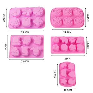 Detailed dimension specification diagram showing five pink silicone baking and chocolate molds.