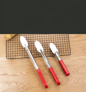 Stainless steel food tongs with red soft handles, perfect for kitchen, BBQ, and baking use.