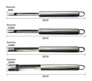 Stainless steel red date corer tool details showing various outer diameters and lengths.