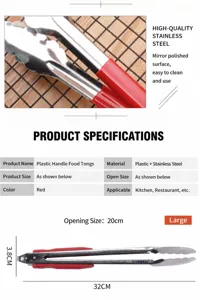 Stainless steel food tong with red plastic handle for kitchen BBQ, durable and easy to clean.
