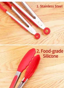 Stainless steel kitchen food tongs with red silicone tips and grips for safe BBQ baking.