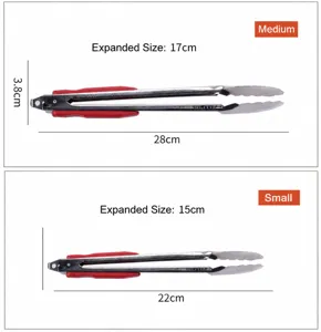 Stainless steel food tong dimension detail showing medium and small size measurements and open width.