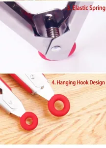 Stainless steel food tong detail showing spring mechanism and hanging ring design for kitchen use.