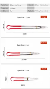 Stainless steel food tongs with red silicone handle, barbecue bread tong size chart detail view.