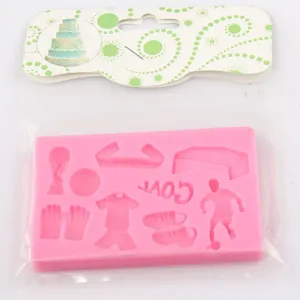 Pink silicone football fondant mold for cake decoration, soccer theme DIY baking tool.