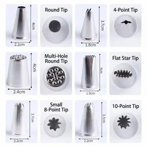 Stainless steel piping tips set, assorted icing nozzles for cake decorating, baking pastry tools.