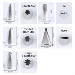 Stainless steel piping tips set for cake decorating, various sizes and shapes for baking.