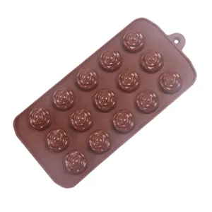 Brown 15-cavity rose silicone mold for chocolate candy, baking, and ice cube making.
