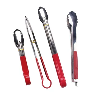 Stainless steel food tongs with red handles set, ideal for kitchen, BBQ, and baking use.