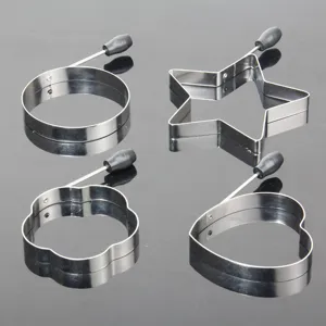 Stainless steel egg ring set with handles in round, star, flower and heart shapes.