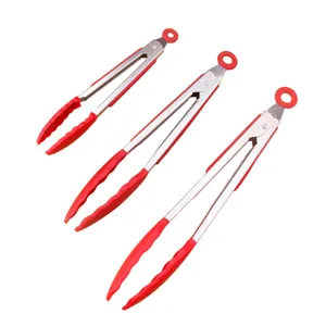 Stainless steel food tongs set with red silicone non-slip handles for kitchen BBQ baking.