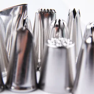 Stainless steel piping tips set for cake decorating, cookie making and baking pastry tools.