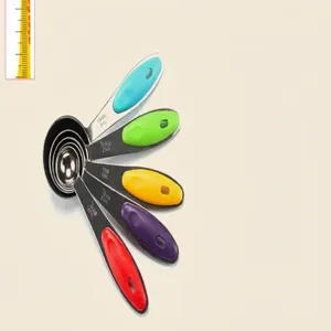Stainless steel measuring spoons set with colorful silicone handles, showing capacity details.