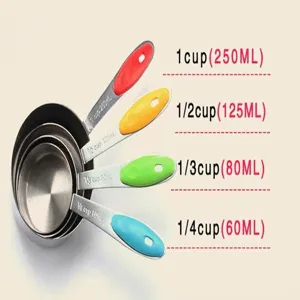 Stainless steel measuring spoons set with colorful silicone handles, clear capacity markers for kitchen baking.