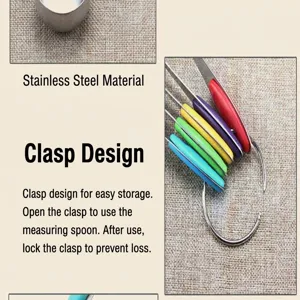 Close-up details of 10-piece measuring spoon set with stainless steel and silicone handles.