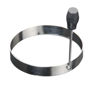 Stainless steel round fried egg ring mold with handle for kitchen breakfast cooking.