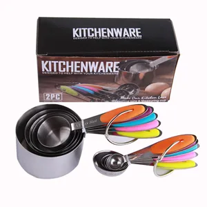 Stainless steel measuring cups and spoons set with colorful silicone handles for kitchen baking.
