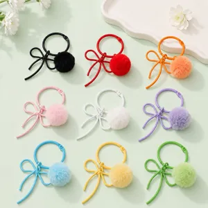 Colorful Bow Metal Loop Pompom Keychain Cute DIY Bag Pendant Accessories Handbag Charm Jewelry Gift For Women