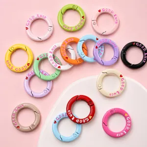 Colorful Round Metal Spring Buckle DIY Jewelry Keychain Bag Pendant Good Luck Letter Enamel Spring Ring Accessory