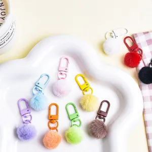 Fluffy Plush Ball Keychain Cute Candy Color Faux Rabbit Fur Pom Pom Bag Charm Metal Clasp Pendant DIY Hanging Accessories