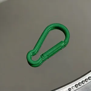 Green aluminum alloy carabiner keychain D-ring snap hook close up detail view accessory.