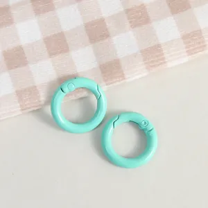 Mint green spring ring clasp detail, metal O ring buckle for DIY keychains and crafts.