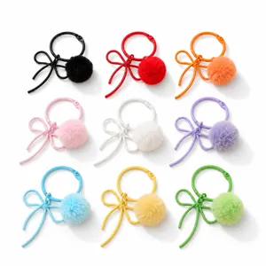 Colorful bow ring plush ball keychain set, perfect handmade DIY bag pendant accessory.