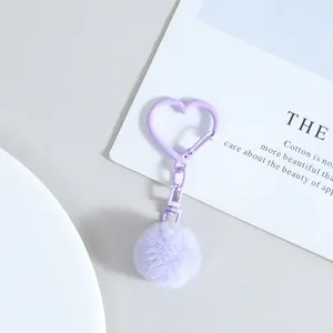 Porte-clés pompon peluche cœur violet, charmant pendentif de sac duveteux pour DIY.