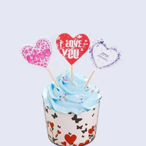 Cupcake toppers and wrappers set for birthday party baking decoration, cute heart and butterfly design.